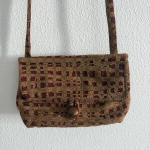 Vintage Small Textured Woven Crossbody Purse Brown Burgundy Bohemian Artisan